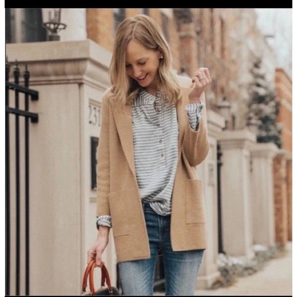 J.Crew Sophie Open Front Sweater Blazer Tan Camel Merino Wool Blend Medium